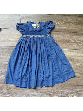 Vintage Angel’s Kids Hand Smocked Blue Check Peter Pan Collar Dress Girls Size 4